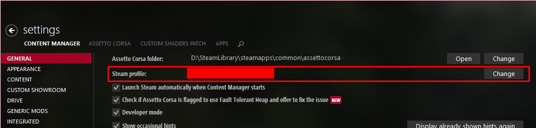 Content Manager Steam account settings